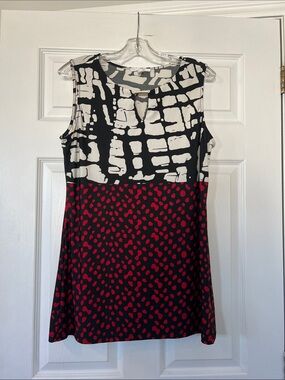 Sleeveless Black & White Top with Red Print Mini Dress